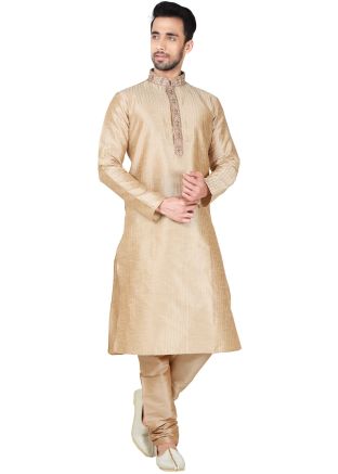 Readymade Beige Art Silk Kurta Pyjama Set
