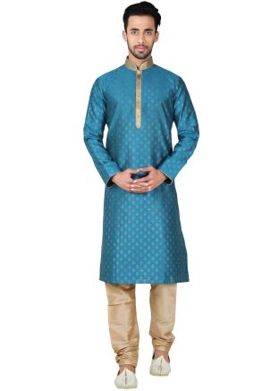 Readymade Blue Art Silk Kurta Pyjama Set
