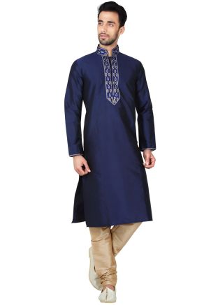 Readymade Navy Blue Art Silk Kurta Pyjama Set