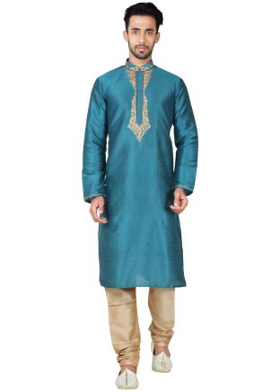 Readymade Blue Art Silk Kurta Pyjama Set