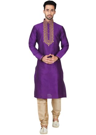 Readymade Purple Art Silk Kurta Pyjama Set