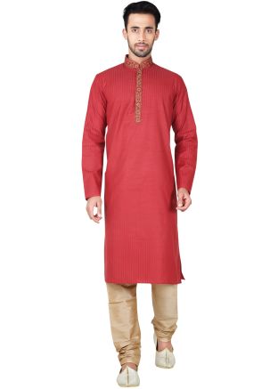 Readymade Red Art Silk Kurta Pyjama Set