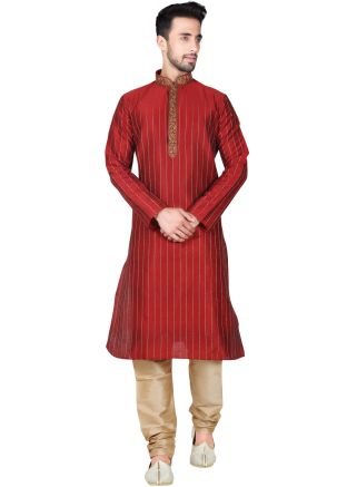 Readymade Maroon Art Silk Kurta Pyjama Set