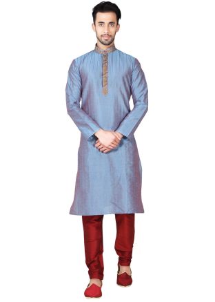 Readymade Blue Art Silk Kurta Pyjama Set