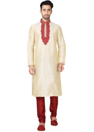 Readymade Cream Art Silk Kurta Pyjama Set