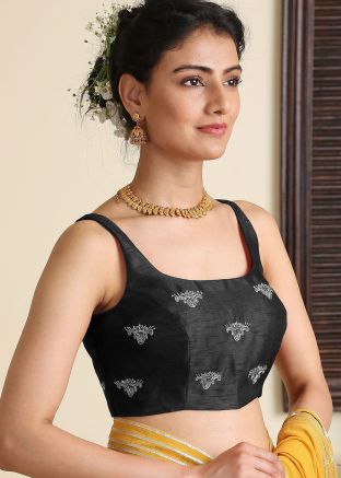 Black Embroidered Dupion Silk Blouse