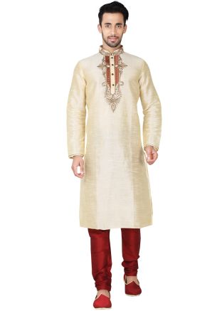 Readymade Cream Art Silk Kurta Pyjama Set