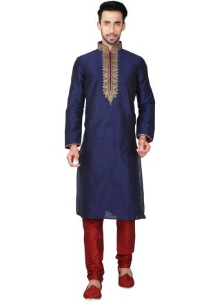 Readymade Navy Blue Art Silk Kurta Pyjama Set