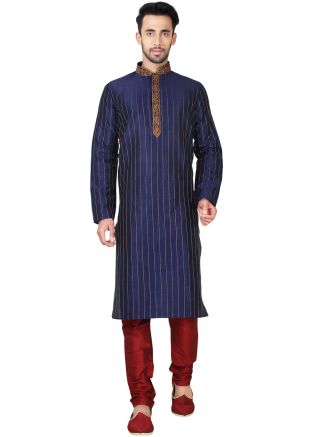 Readymade Navy Blue Art Silk Kurta Pyjama Set