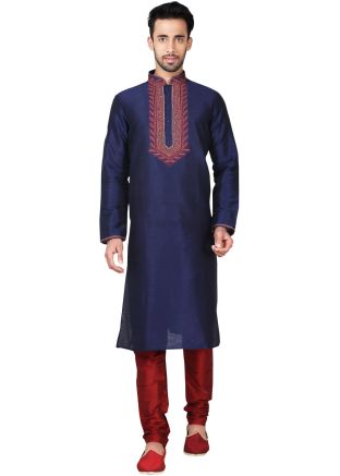 Readymade Navy Blue Art Silk Kurta Pyjama Set