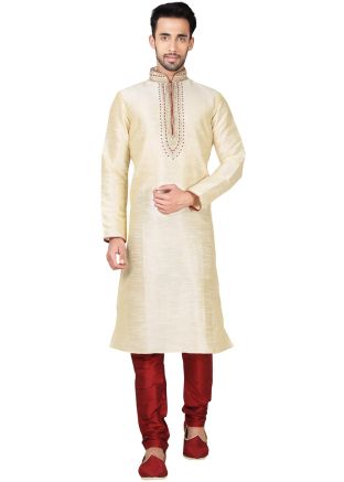 Readymade Cream Art Silk Kurta Pyjama Set