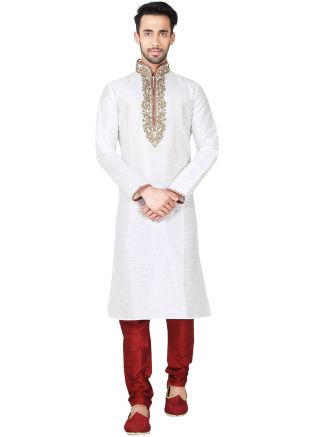 Readymade White Art Silk Kurta Pyjama Set