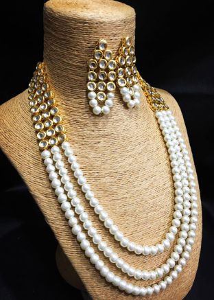 Golden White Stone Studded Layered Neckalce Set