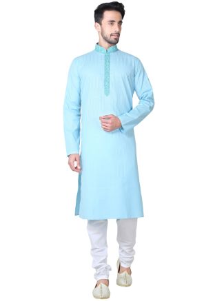 Readymade Sky Blue Art Silk Kurta Pyjama Set