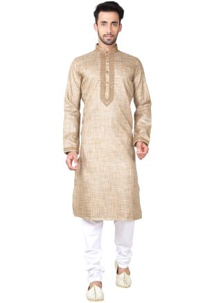 Readymade Dark Beige Linen Kurta Pyjama Set