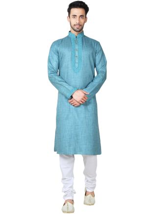 Readymade Blue Linen Kurta Pyjama Set