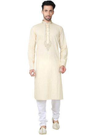Readymade Cream Cotton Kurta Pyjama Set