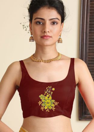 Maroon Embroidered Satin Silk Blouse