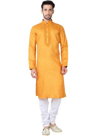 Readymade Yellow Cotton Kurta Pyjama Set