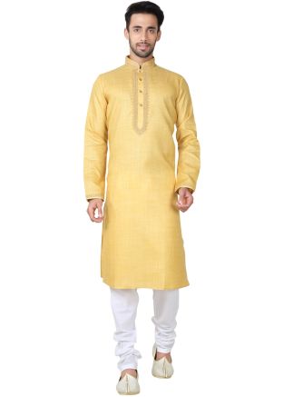 Readymade Light Yellow Cotton Kurta Pyjama Set