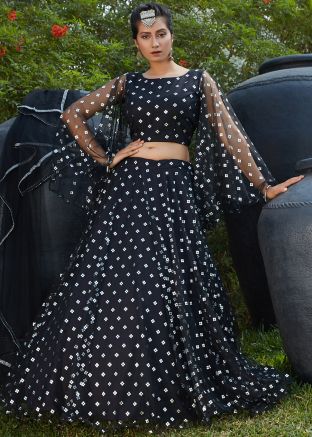 Black Foil Printed Net Bell Sleeved Lehenga Choli