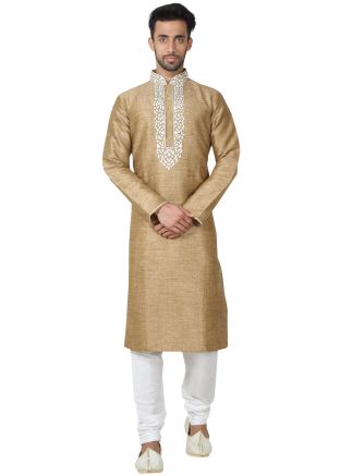 Readymade Dark Beige Art Silk Kurta Pyjama Set