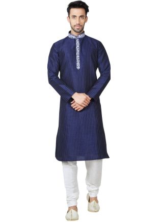 Readymade Navy Blue Art Silk Kurta Pyjama Set