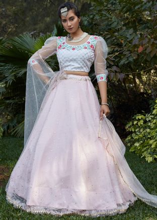 Pink Foil Printed Net Puff Sleeved Lehenga Choli