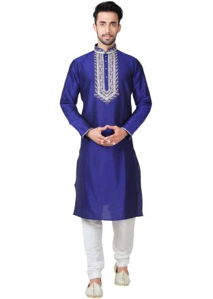 Readymade Navy Blue Art Silk Kurta Pyjama Set