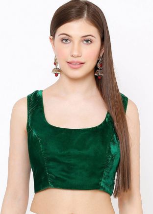 Readymade Plain Green Blouse In Velvet