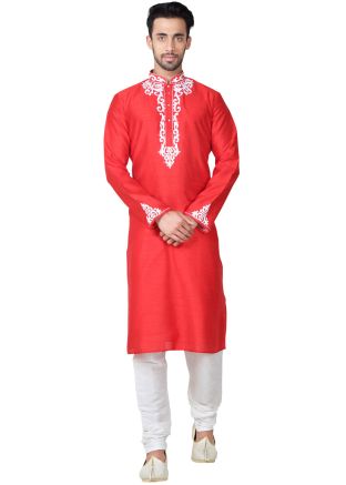 Readymade Red Art Silk Kurta Pyjama Set