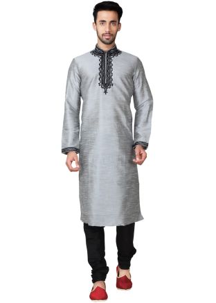 Readymade Grey Art Silk Kurta Pyjama Set