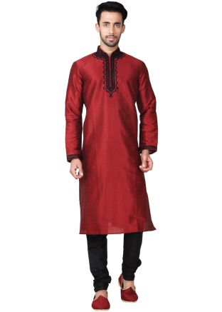 Readymade Maroon Art Silk Kurta Pyjama Set