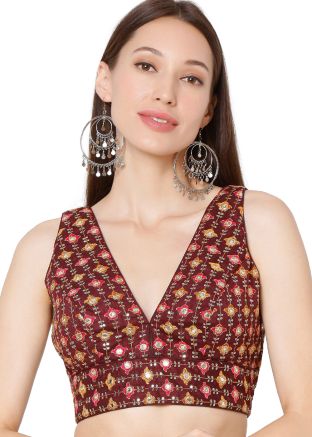 Maroon V Neck Saree Blouse