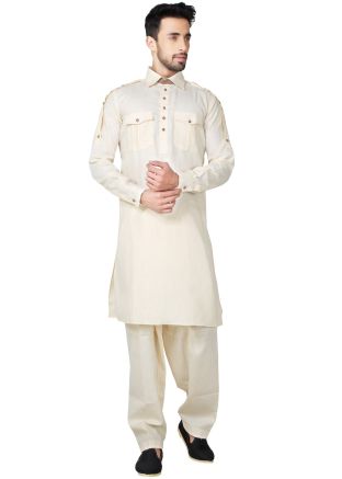 Readymade Cream Linen Pathani Suit Set