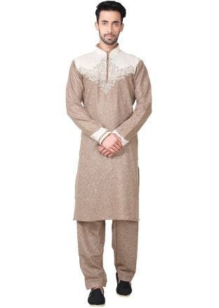 Readymade Brown Linen Pathani Suit Set