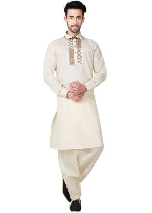 Readymade Cream Linen Pathani Suit Set