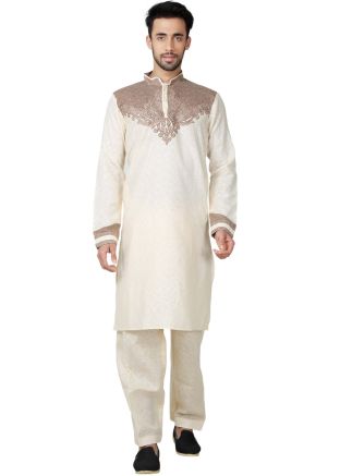 Readymade Cream Linen Pathani Suit Set
