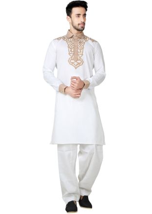 Readymade White Linen Pathani Suit Set
