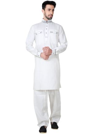 Readymade White Linen Pathani Suit Set