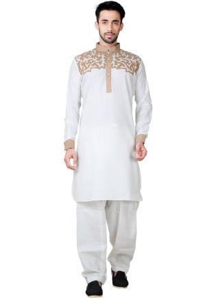 Readymade White Linen Pathani Suit Set