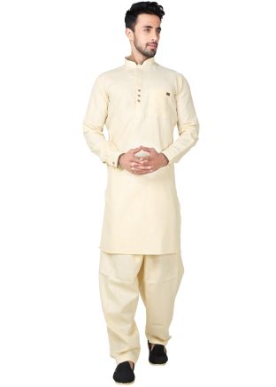 Readymade Cream Linen Pathani Suit Set