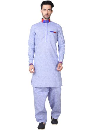 Readymade Blue Linen Pathani Suit Set