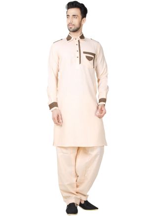 Readymade Cream Linen Pathani Suit Set