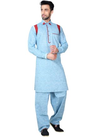 Readymade Blue Linen Pathani Suit Set