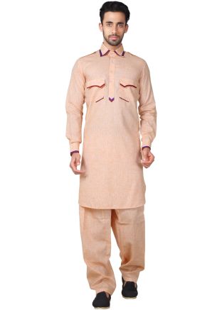 Readymade Peach Linen Pathani Suit Set