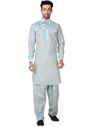 Readymade Grey Linen Pathani Suit Set