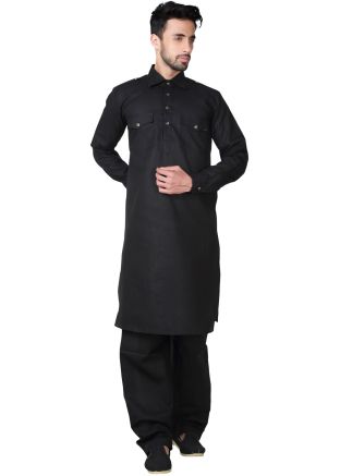 Readymade Black Linen Pathani Suit Set