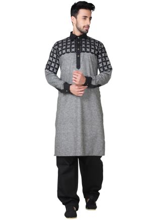 Readymade Grey Linen Pathani Suit Set