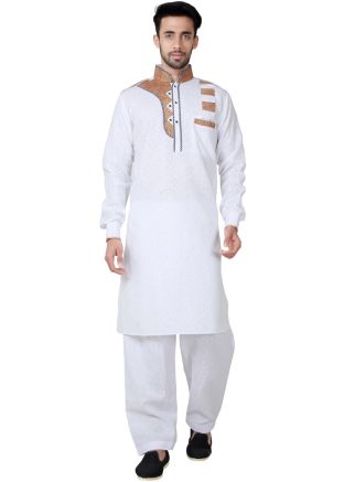 Readymade White Linen Pathani Suit Set